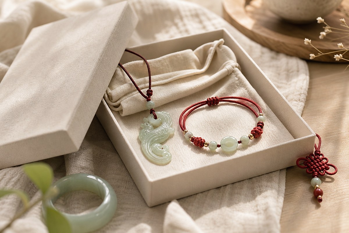 Jade phoenix pendant, bracelet cord, cream gift pouch, and red knot on warm linen