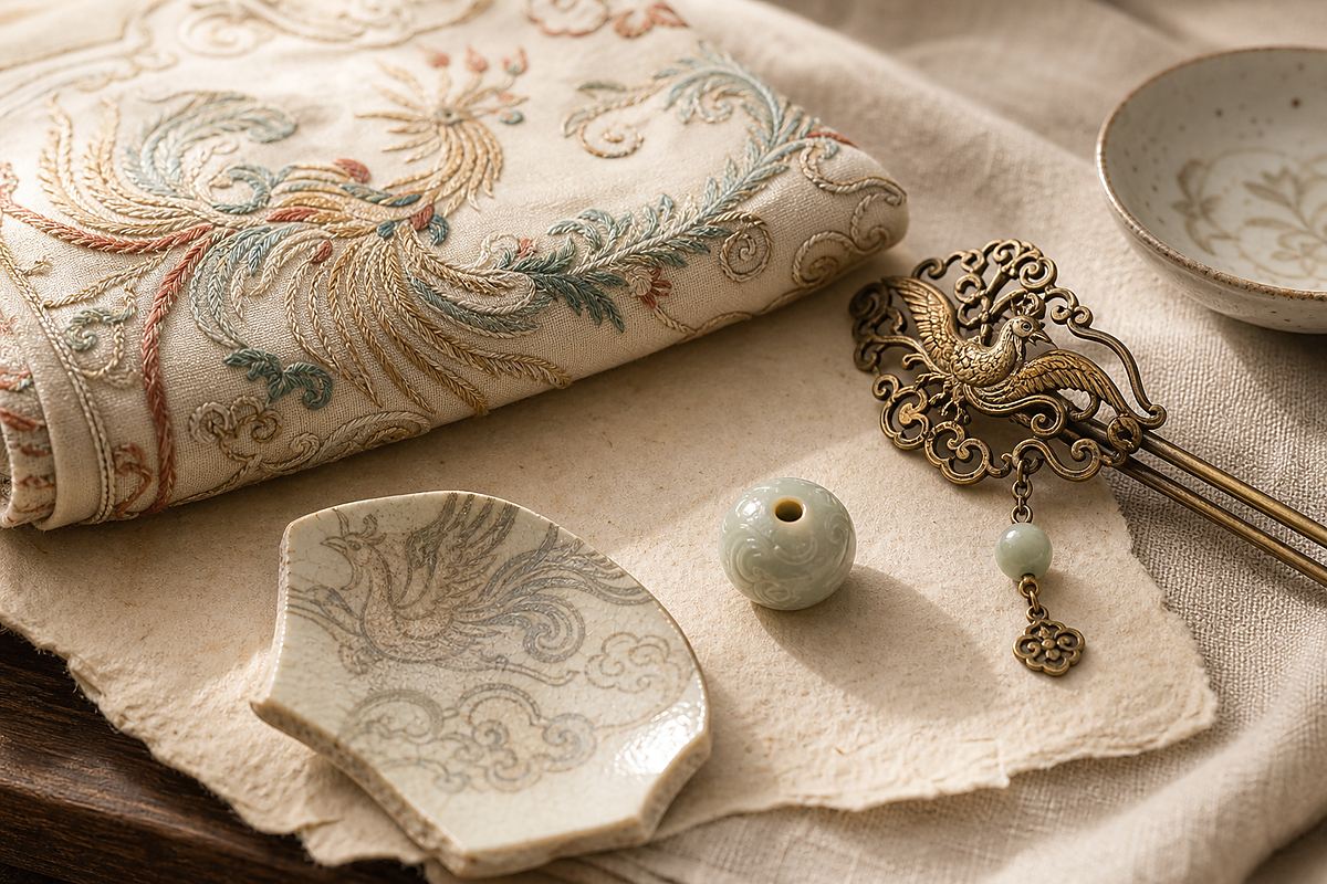 Phoenix embroidery, soft brass ornament detail, jade bead, and porcelain shard on ivory linen
