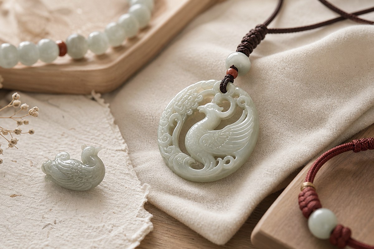 Jade phoenix pendant, carved jade charm, and red cord bracelet detail on warm jewelry cloth