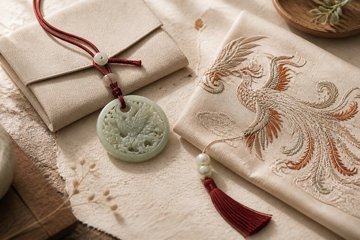 Paired phoenix motif objects with red cord, pearl, jade bead, and cream gift pouch
