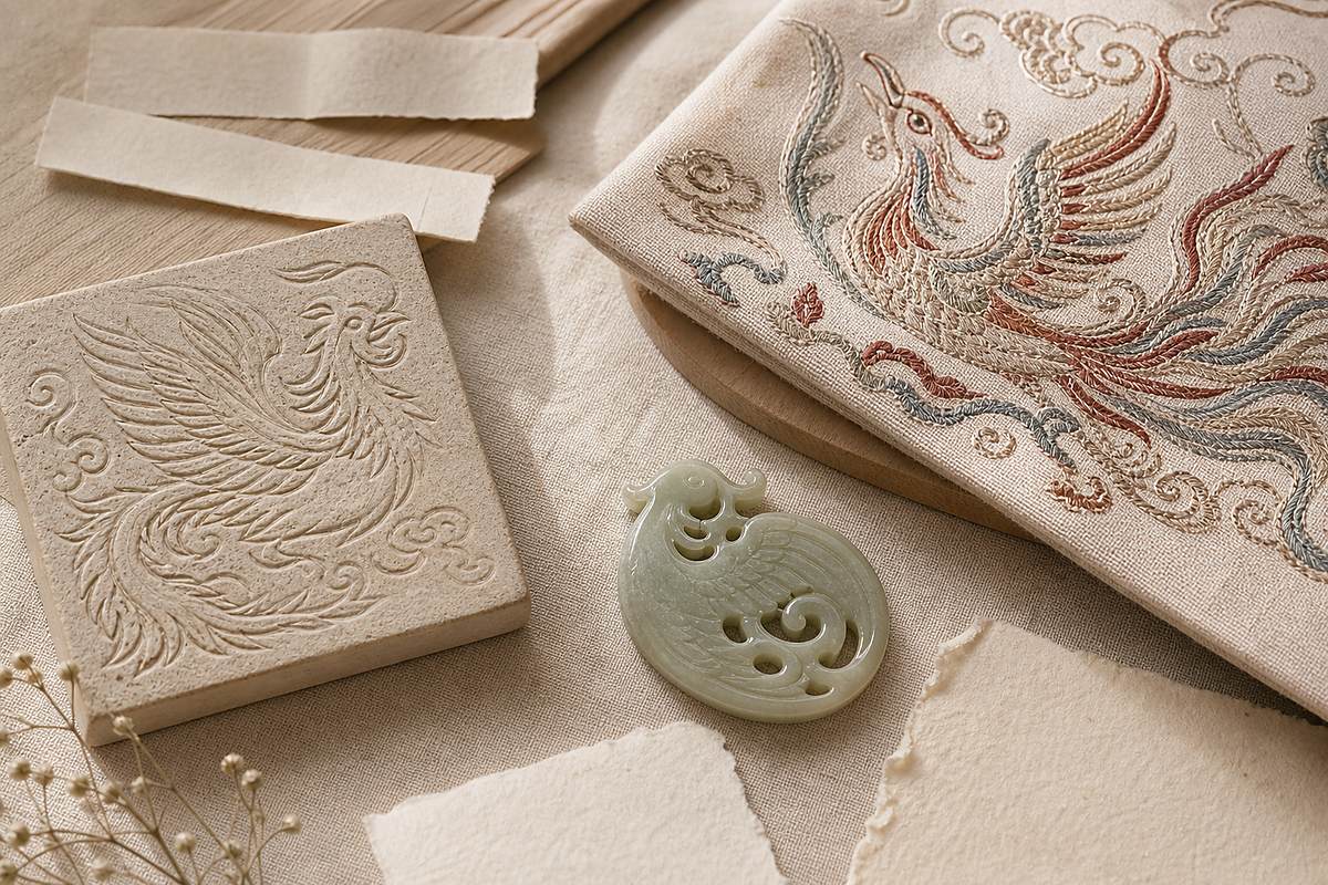 Ceramic phoenix tile, embroidered phoenix corner, and jade phoenix carving on handmade paper