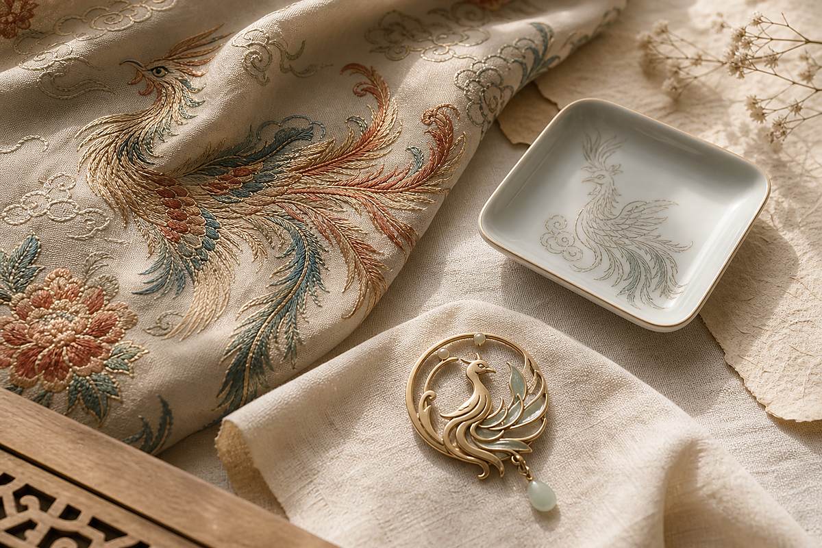 Phoenix embroidery, porcelain phoenix motif, and modern pendant detail on warm ivory linen