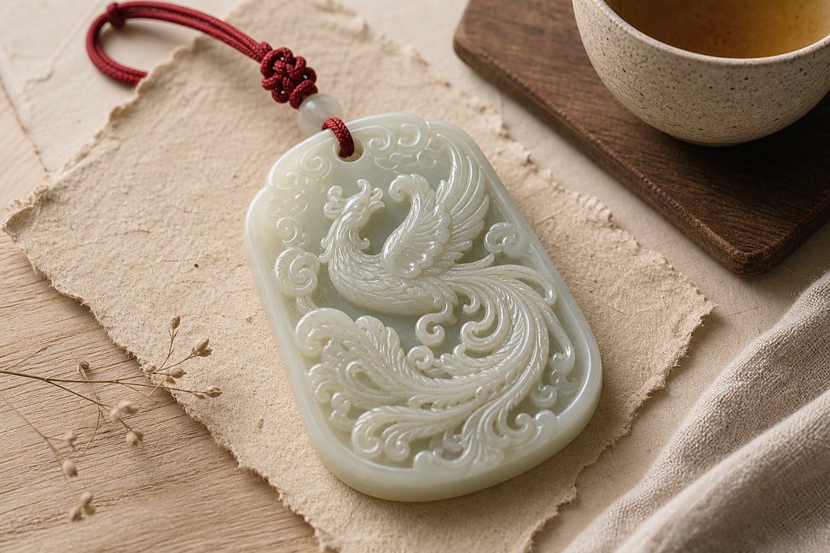 Pale jade plaque carved with an elegant Fenghuang phoenix motif on handmade paper