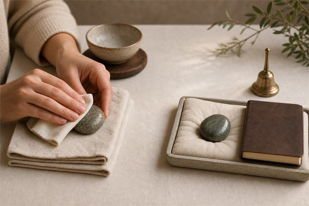 Hand dry-wiping one polished stone beside a separate stone on a padded tray with a journal and bell