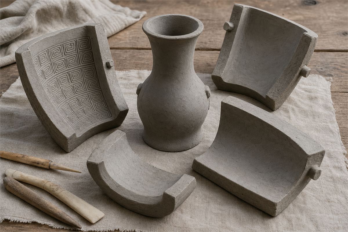 Clay vessel core surrounded by separate curved mold sections and simple carving tools