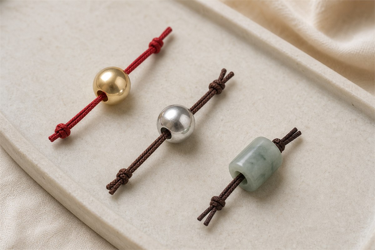 Pierced gold, silver, and pale green jade jewelry beads threaded on short cord samples
