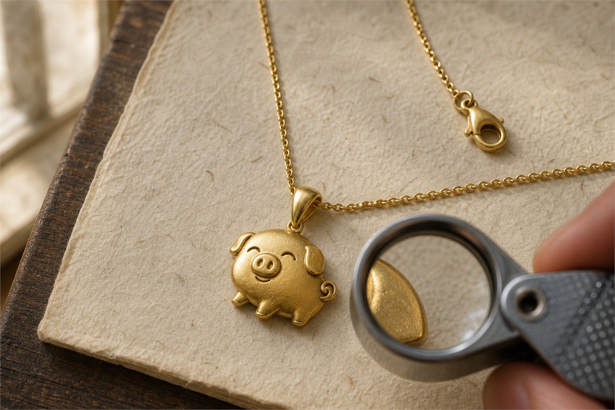 Gold Pig pendant with chain, bail, clasp, jump rings, and a magnifier checking the edge