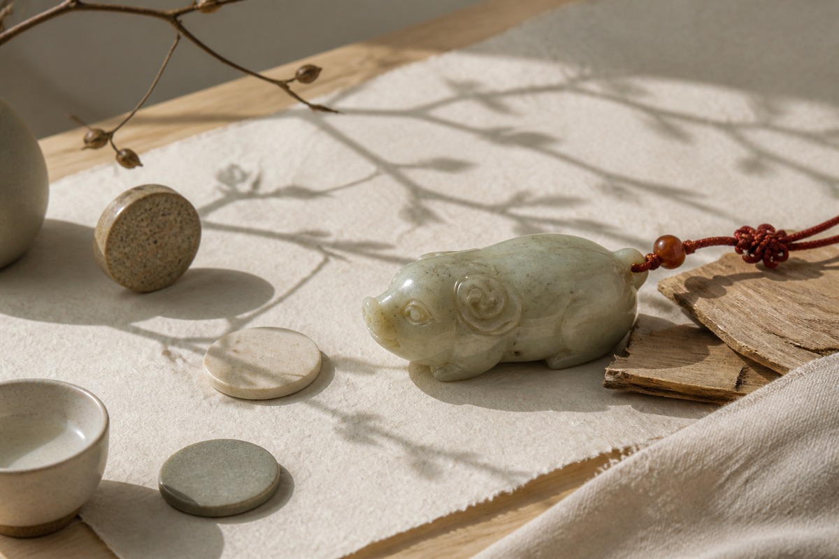 Eastern pig zodiac charm with branch shadows, pale wood, stone markers, jade beads, and red cord