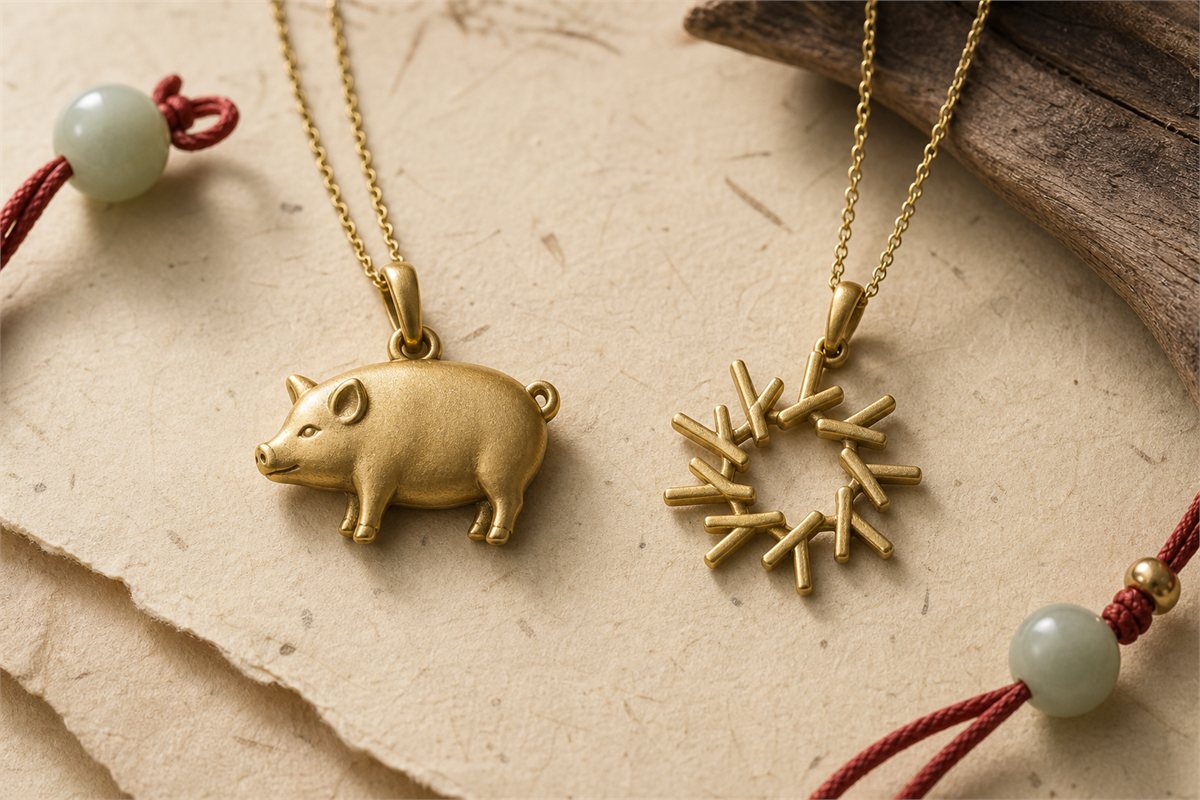 Gold Pig silhouette pendant beside an abstract branch-inspired geometric pendant