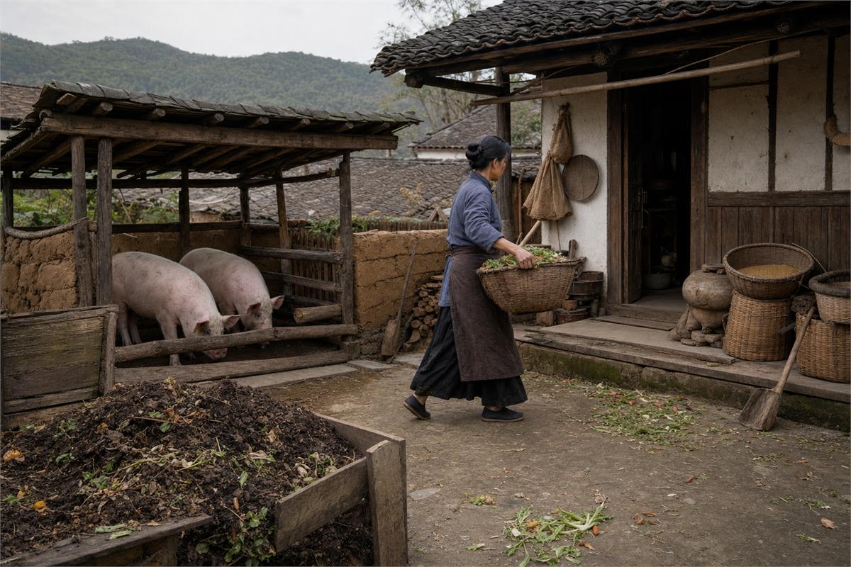 Rural courtyard with pigs in a timber enclosure and a person carrying farm produce