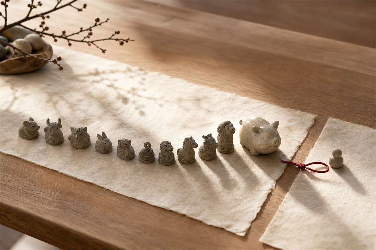 Small zodiac animal figures completing a line with a Pig beside the final position