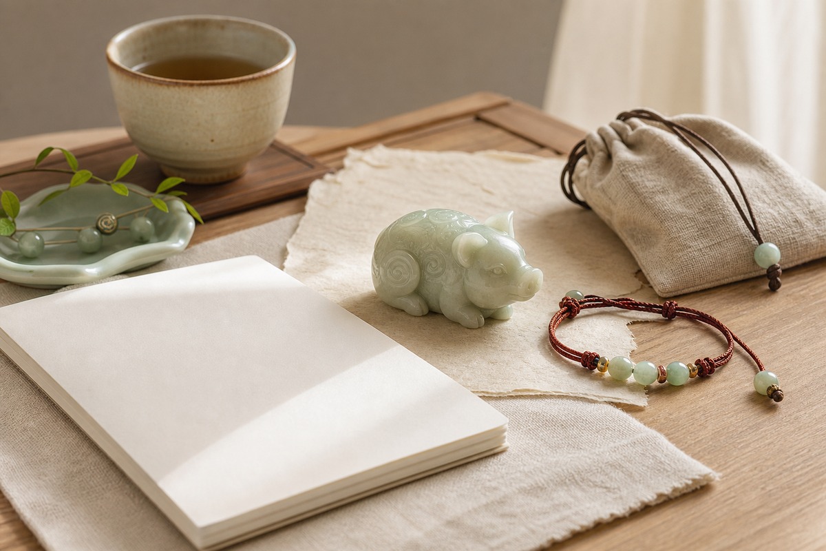 Eastern pig zodiac charm with red cord bracelet, jade beads, blank note card, linen pouch, and ceramic tea cup