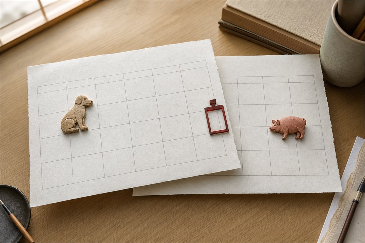 Open blank calendar pages with animal markers placed on opposite sides of a red boundary marker
