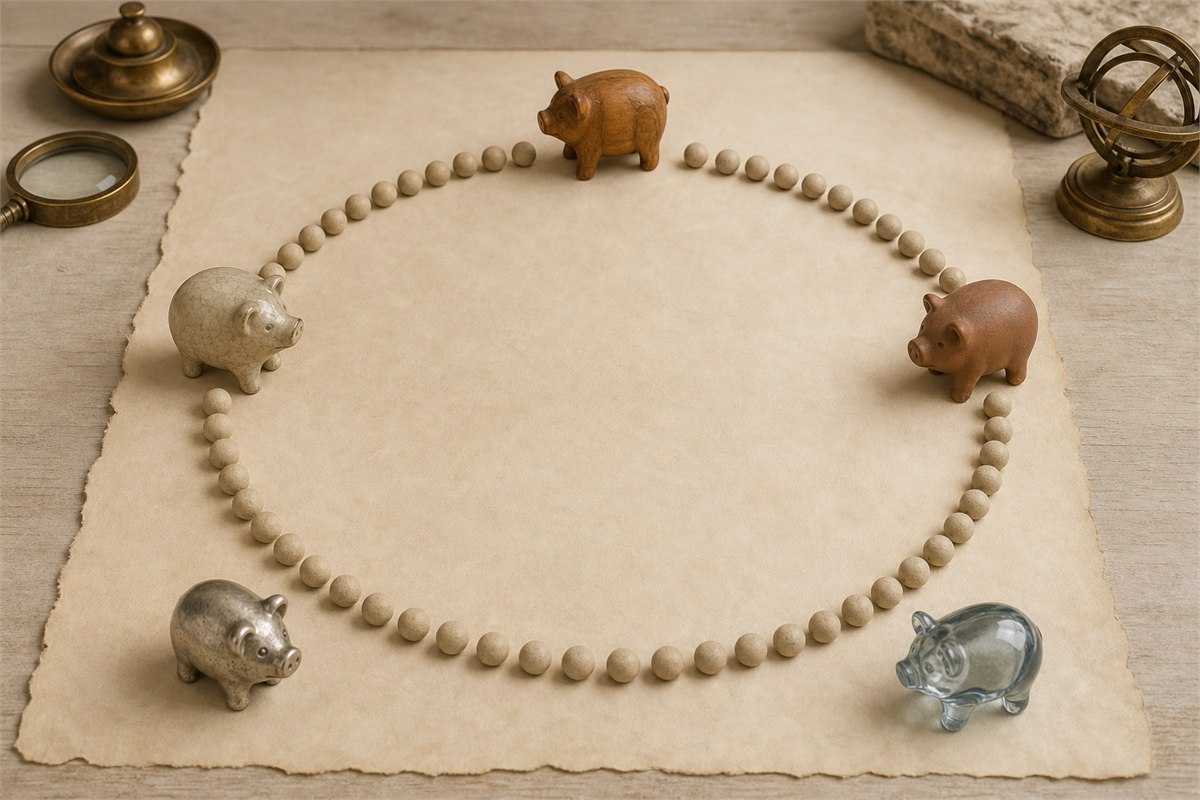 Five Pig figures placed around a larger circular calendar arrangement