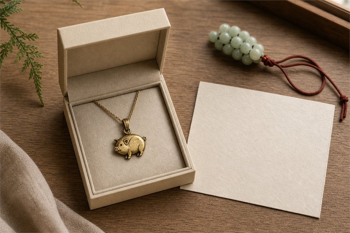 Small Pig pendant in a neutral jewelry box with a blank gift card