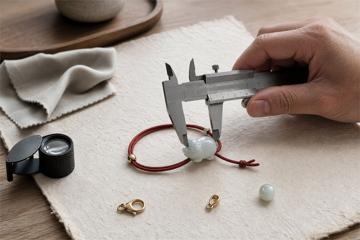 Hand using a caliper to inspect a pale green charm beside a clasp, cord, lens, and soft cloth
