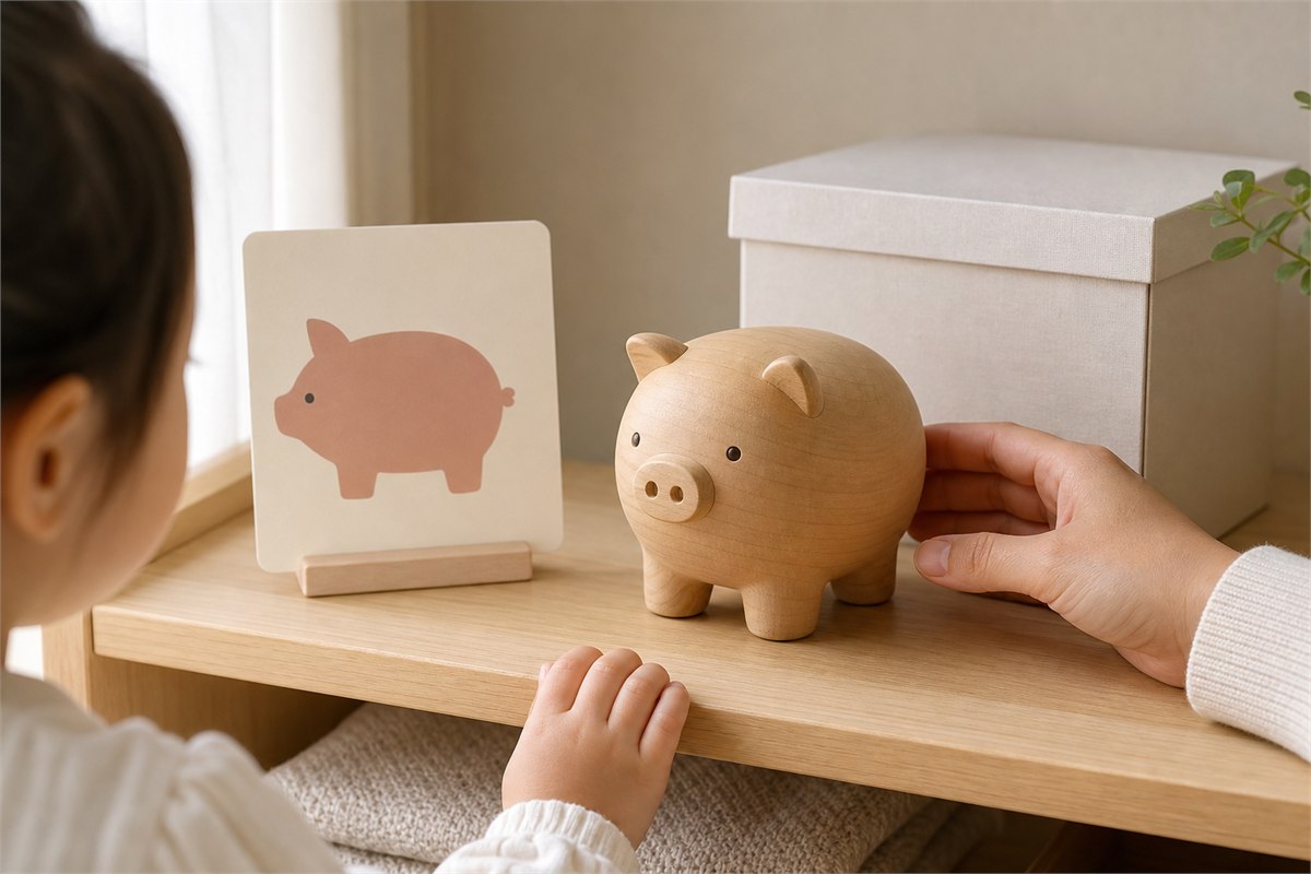 Adult placing a large ceramic Pig object beside a simple Pig story card while a child watches