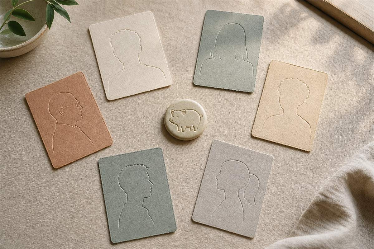 Pig medallion surrounded by varied blank profile cards in muted colors
