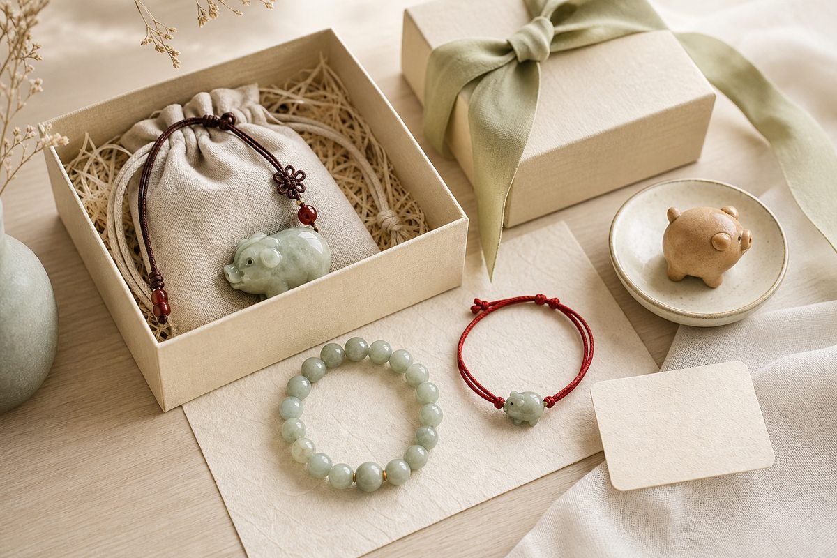 Cream gift box with Eastern pig zodiac charm, jade bead bracelet, red cord bracelet, pouch, and blank gift card