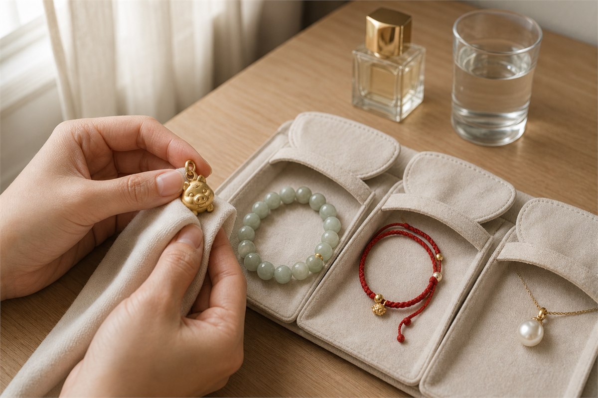 Hand wiping a gold Pig charm beside jewelry stored separately in soft fabric pouches