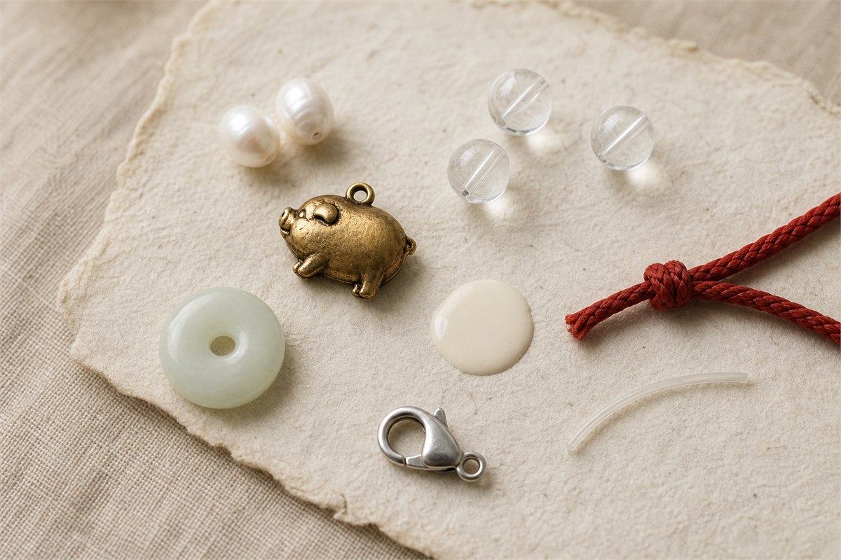 Metal Pig charm, pale green stone ring, pearl, clear quartz beads, enamel sample, clasp, cord, and elastic