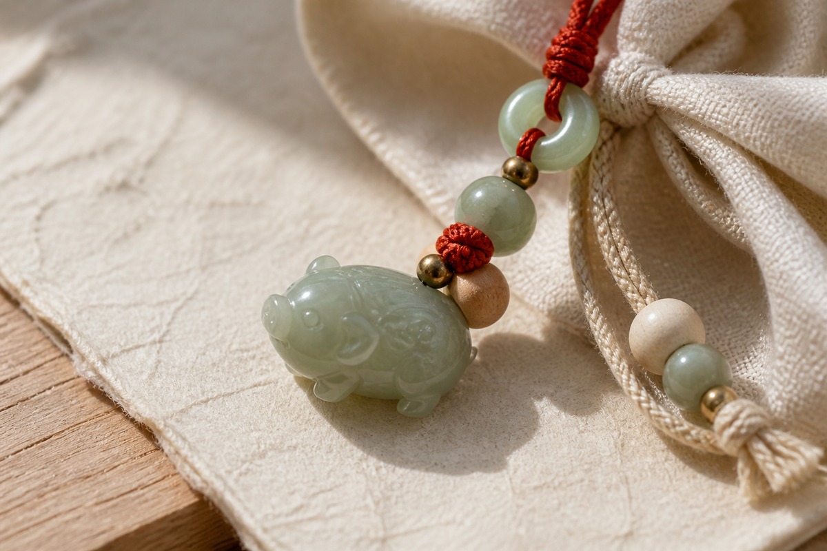 Close view of carved jade Eastern pig charm, jade beads, pale wood bead, red cord knot, cream pouch, and brass bead