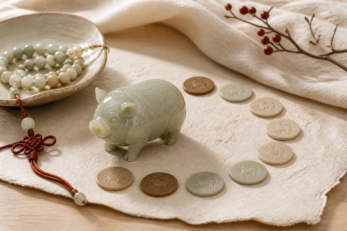Jade Eastern pig zodiac charm with red cord, ceramic dish, jade beads, and blank cycle markers