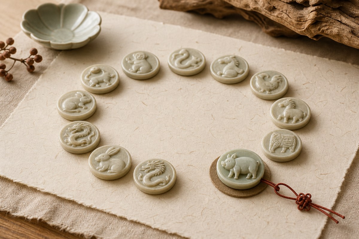 Twelve blank zodiac cycle tokens with a jade Eastern pig zodiac token emphasized on handmade paper