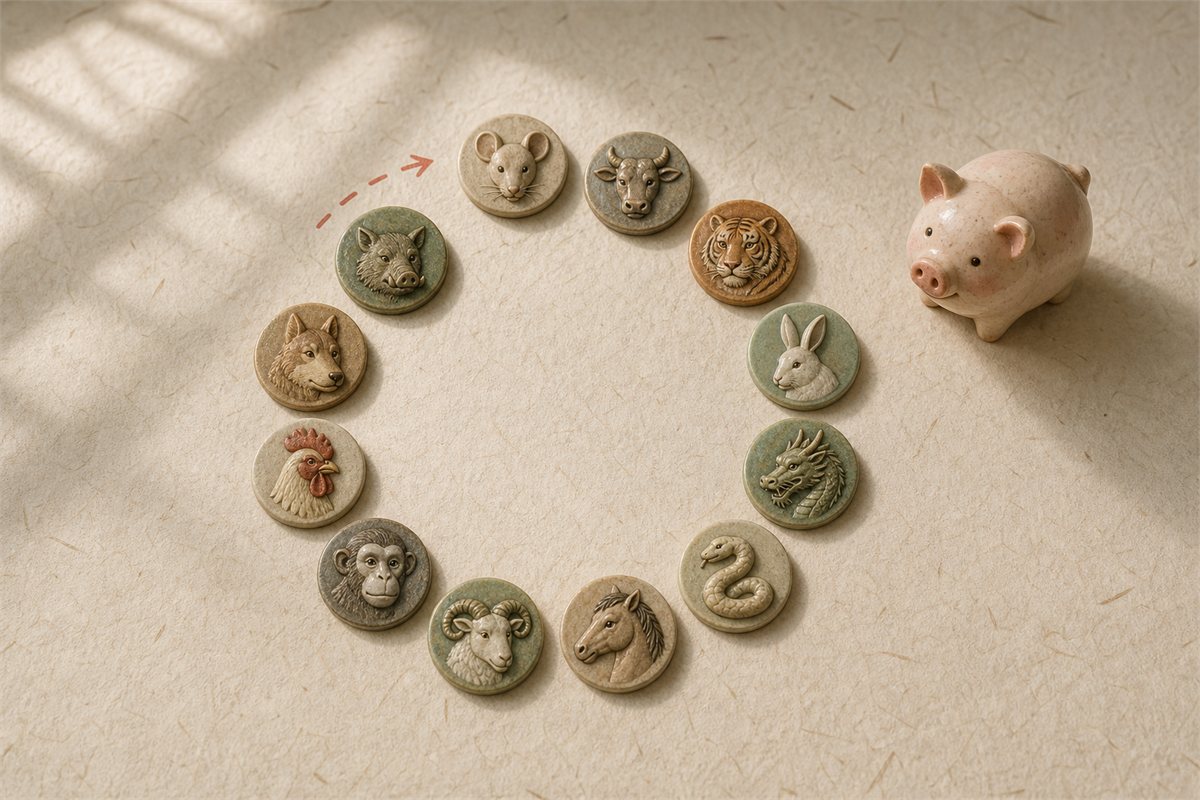 Pig figure beside twelve small animal tokens arranged in a circle
