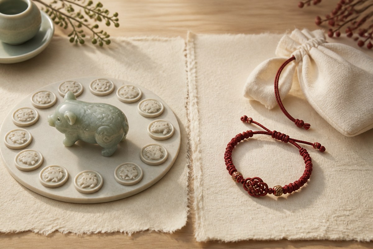 Two blank handmade paper areas separating an Eastern pig zodiac token from a red cord bracelet and cream pouch