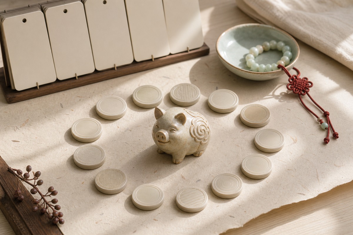 Blank calendar cards with an Eastern pig zodiac token, red cord, jade beads, and unmarked cycle markers