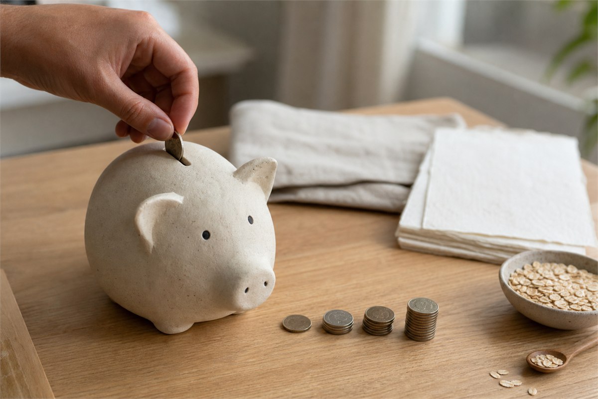 Hand placing a coin into a simple ceramic piggy bank on a wooden table