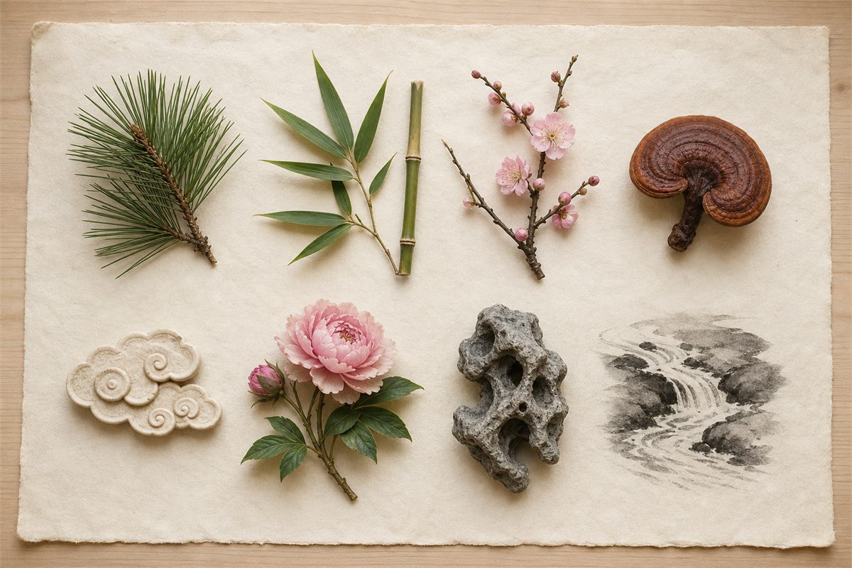 Pine, bamboo, plum blossom, lingzhi, cloud, peony, scholar rock, and flowing-water studies on handmade paper