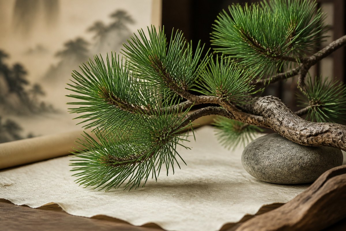 Detailed pine branch with green needles and textured bark on handmade paper