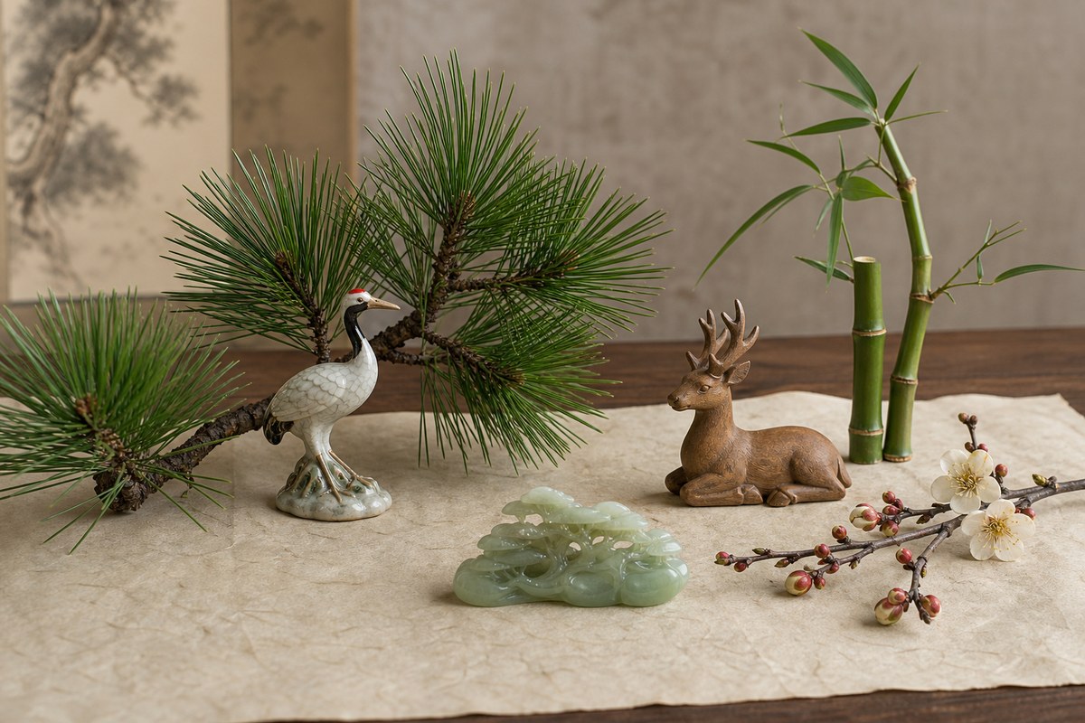 Pine with crane deer bamboo and plum arranged as classic Eastern blessing motifs including pine and deer