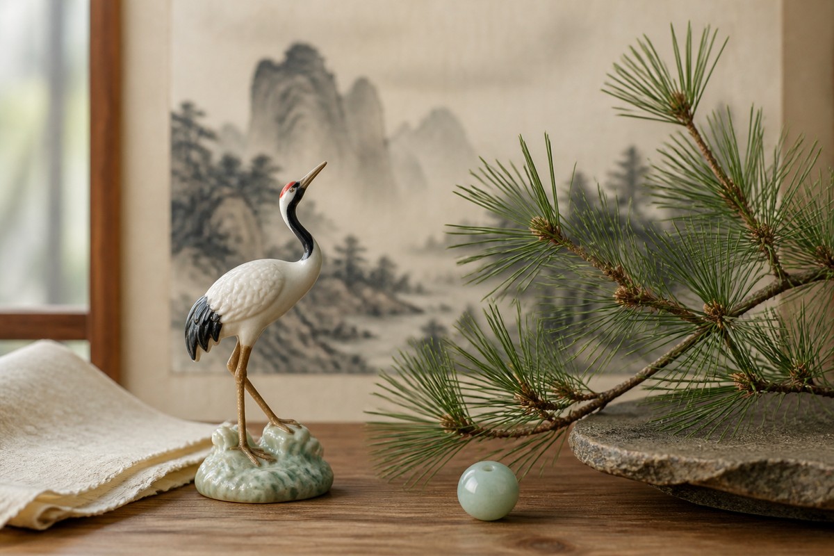 Ceramic crane beside pine and jade for Pine and Crane Extend the Years Song He Yan Nian (松鹤延年)