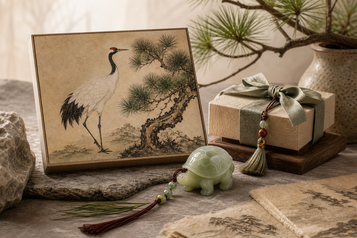 Red-crowned crane with pine tree and jade turtle, symbolizing Song He Yan Nian (松鹤延年)