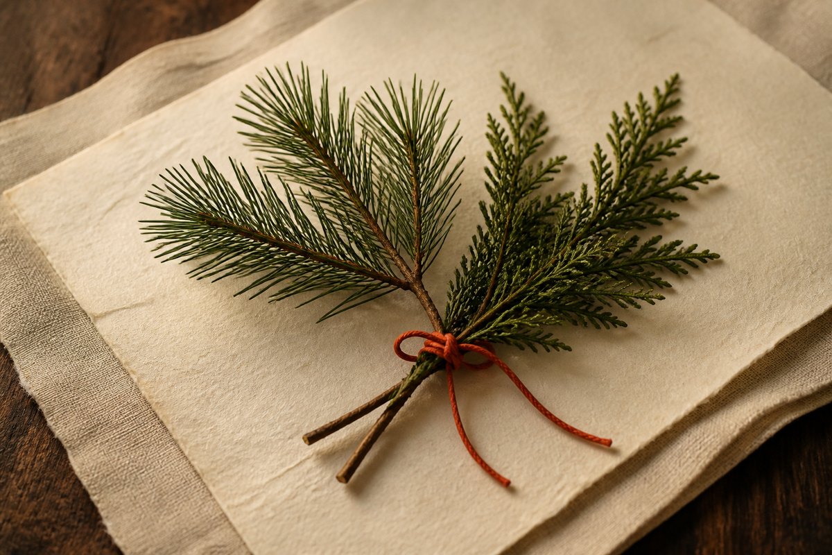 Pine and cypress evergreen sprigs tied with a muted cinnabar cord for Songbai Zhi Yi (松柏之谊)