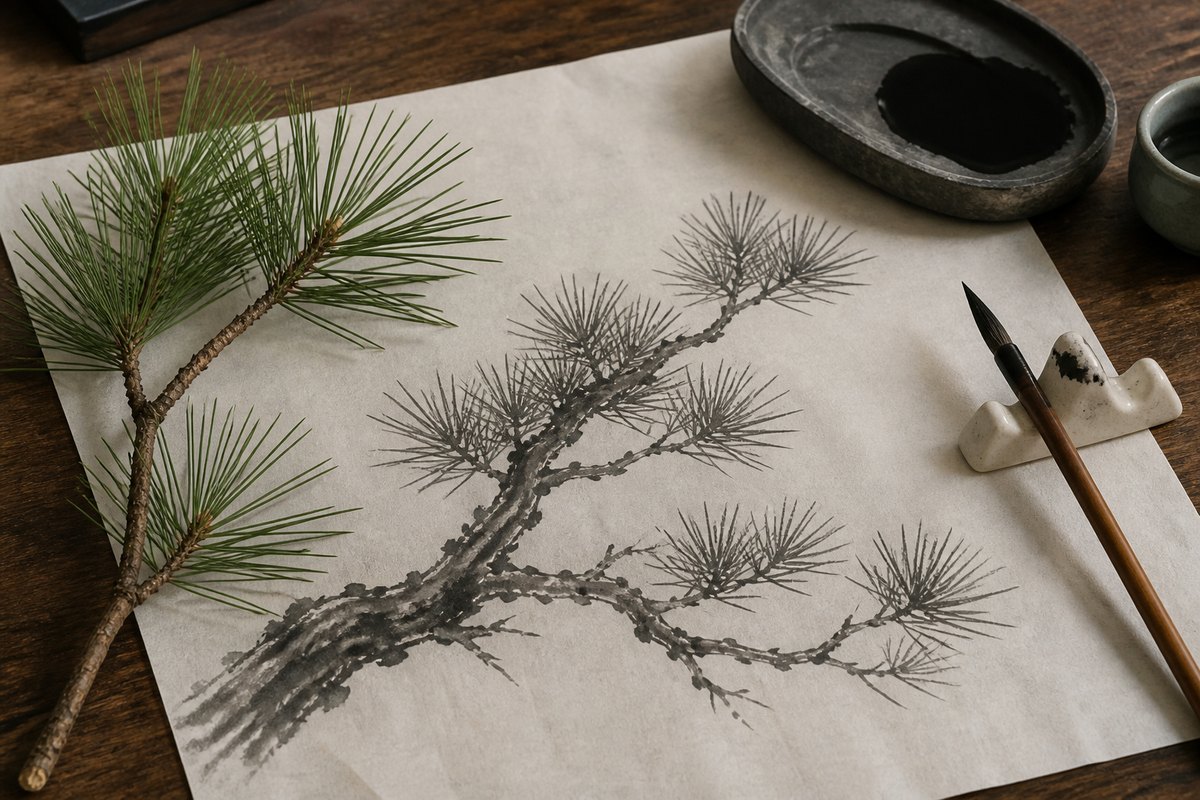 Ink painting of pine needles beside a real pine twig and brush on xuan paper