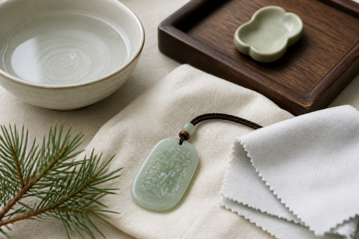 Pine jade pendant with soft cloth water dish and wood tray for careful jewelry care