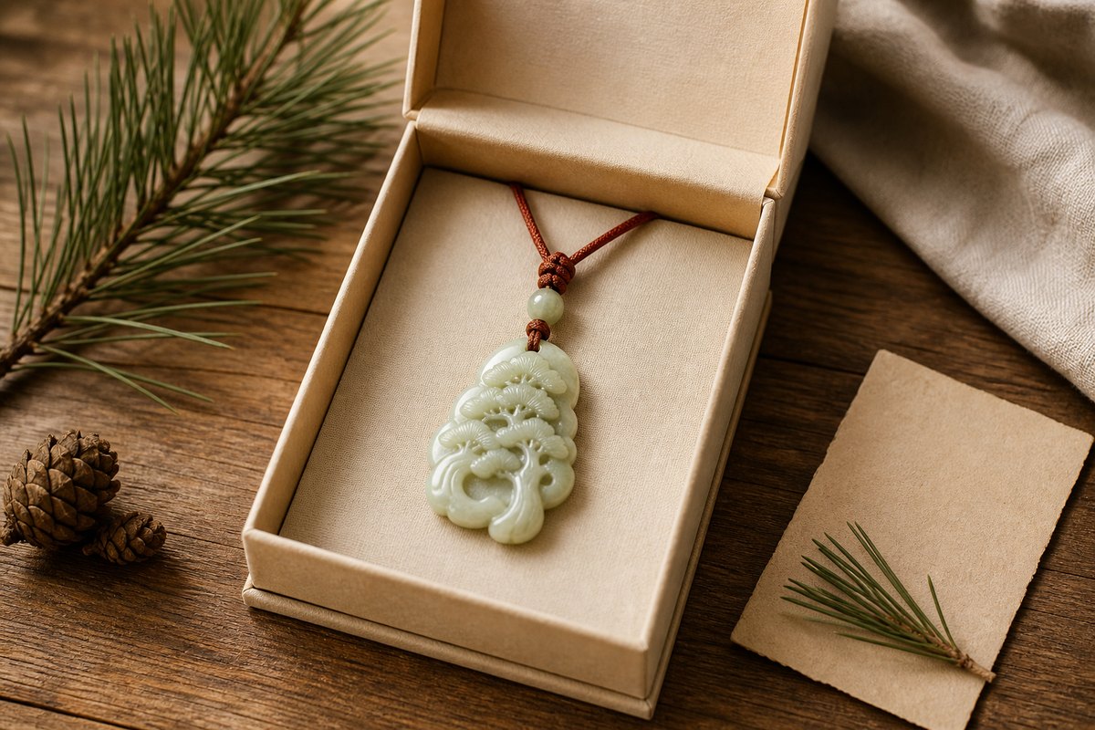 Pine jade pendant with cinnabar cord in a warm neutral gift box