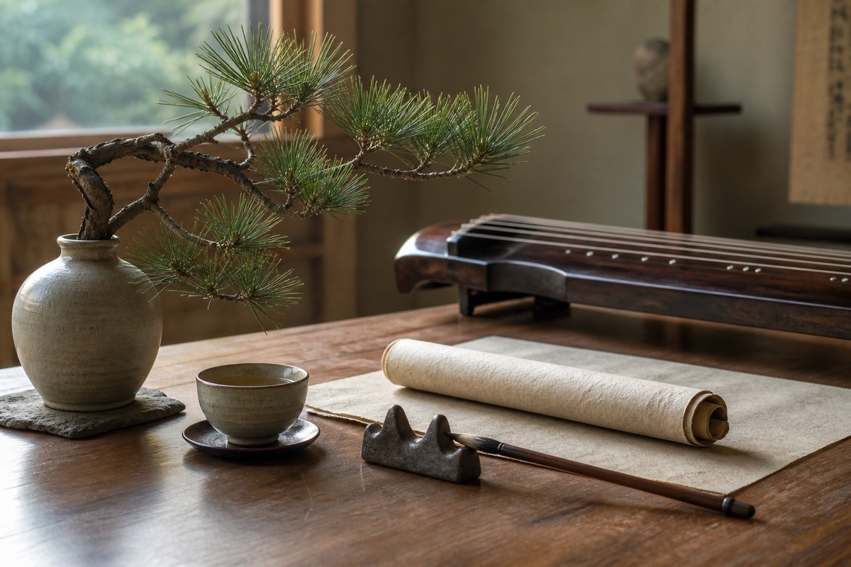 Pine branch with tea cup scroll brush rest and qin-like instrument in a quiet Eastern study