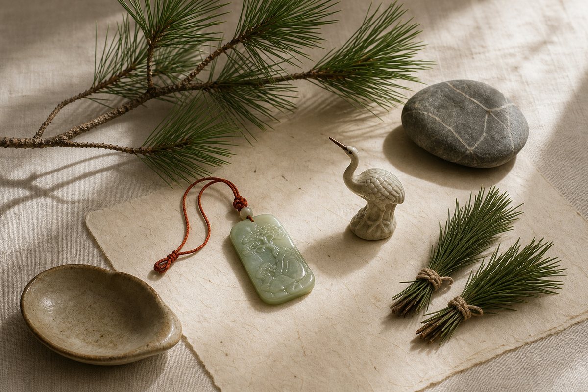 Pine branch, jade pendant, stone, crane figurine, and tied evergreen sprigs arranged as a symbolic still life
