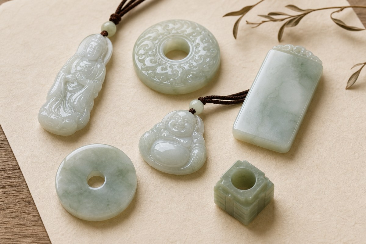 Jade carving classic forms with Guanyin pendant, Buddha pendant, Wu Shi Pai, Ping An Kou, jade bi, and jade cong