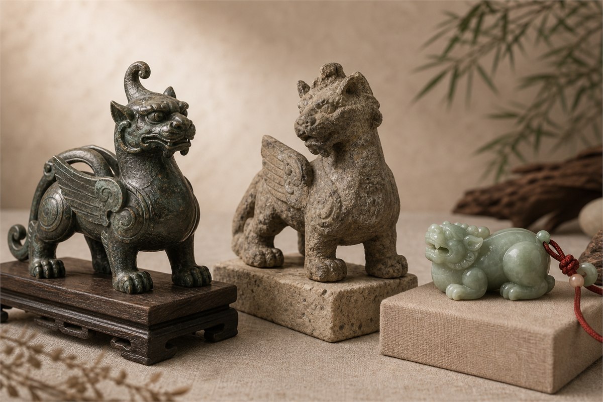 Bronze winged beast, weathered stone beast, and modern jade Pixiu shown as separate forms