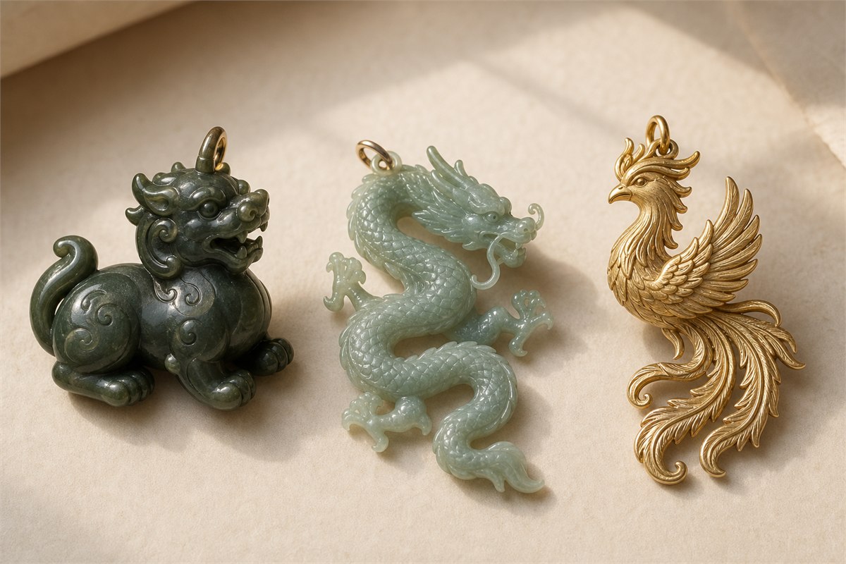 Jade jewelry carvings of a horned Pixiu, long Chinese dragon, and long-tailed phoenix