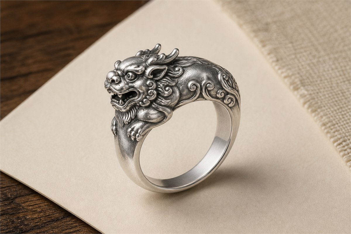 A detailed sterling-silver Pixiu ring in three-quarter profile on ivory paper