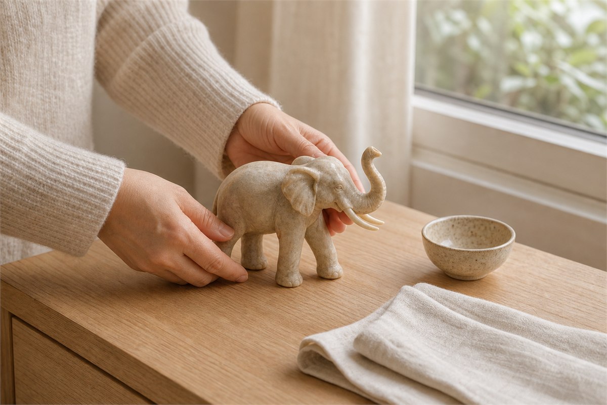 Hands gently placing a pale stone elephant sculpture on a wood console