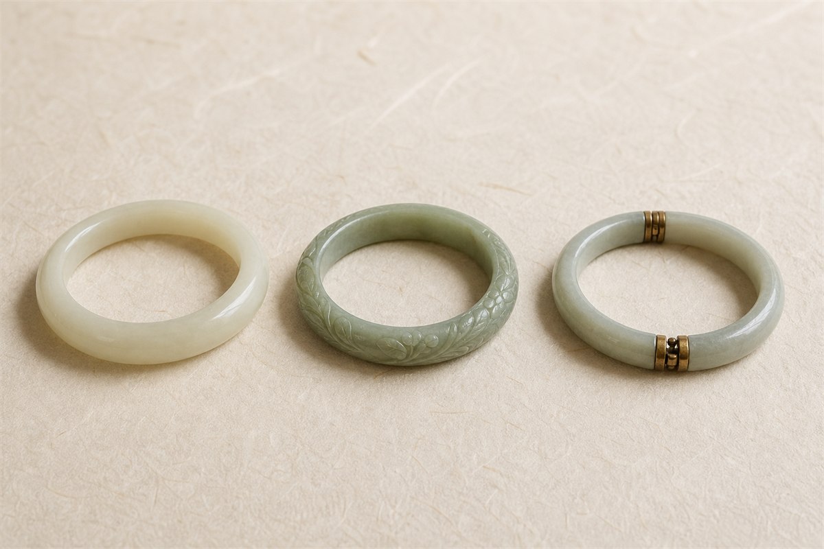 Plain, carved, and hinged jade bangles with visible wall and joint details.