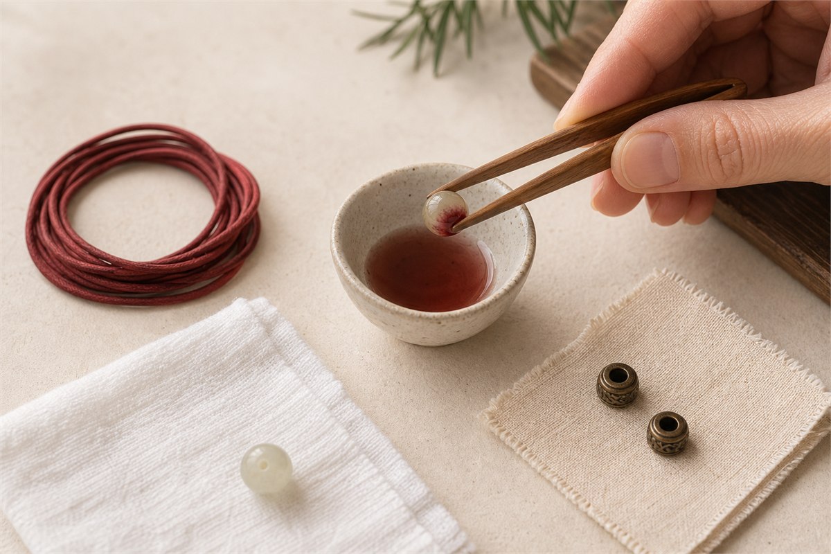 Single Bodhi bead tested above a small plant dye cup with cord and copper spacers removed